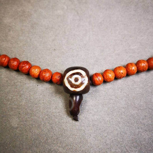 Old 2 Eyed Dzi Guru Bead,T-drilled 3-Hole Mala Bead - Tibetan Buddhist mala beads, front view