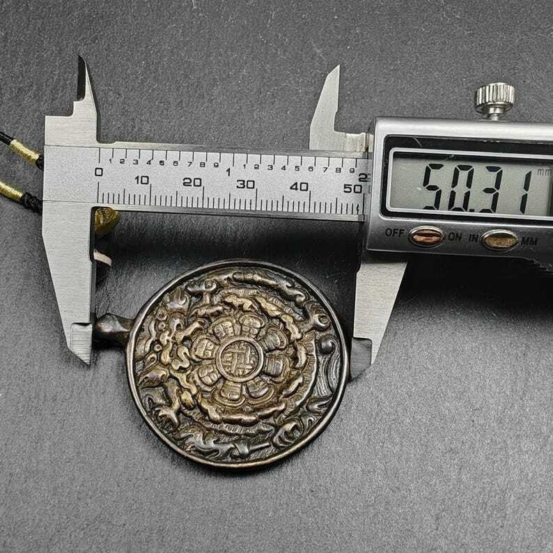 Gandhanra Vintage Tibetan Buddhist Calendar Amulet Black Sipaho Badge - Lima Brass Melong Mirror Protective Charm Feng Shui Pendant,43mm