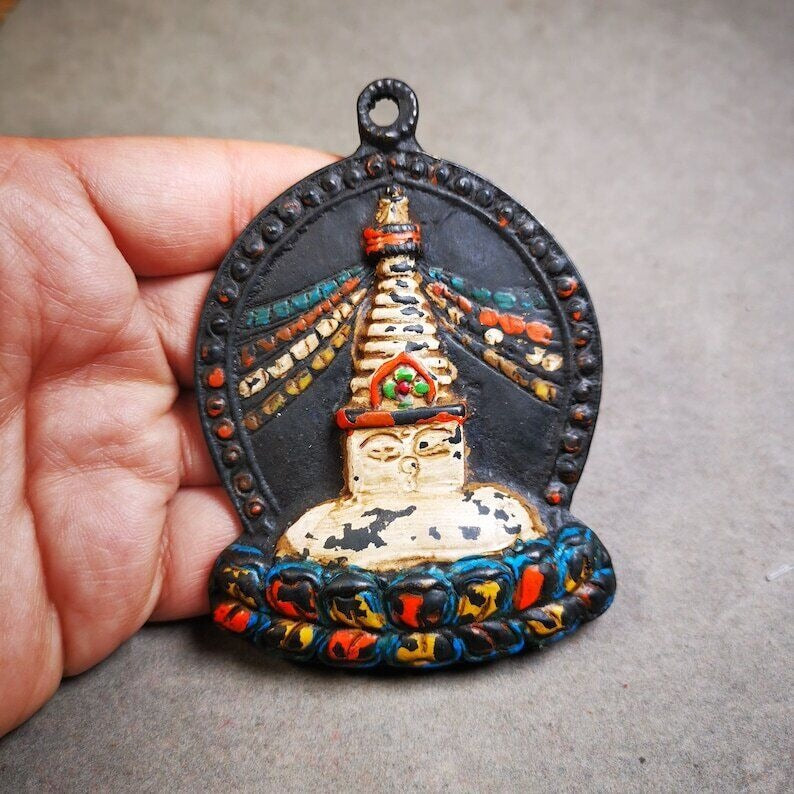 Gandhanra Antique Tibetan Buddhist Statue,Stupa Badge,Pagoda Amulet,Buddhist Tower,Made of Thokcha