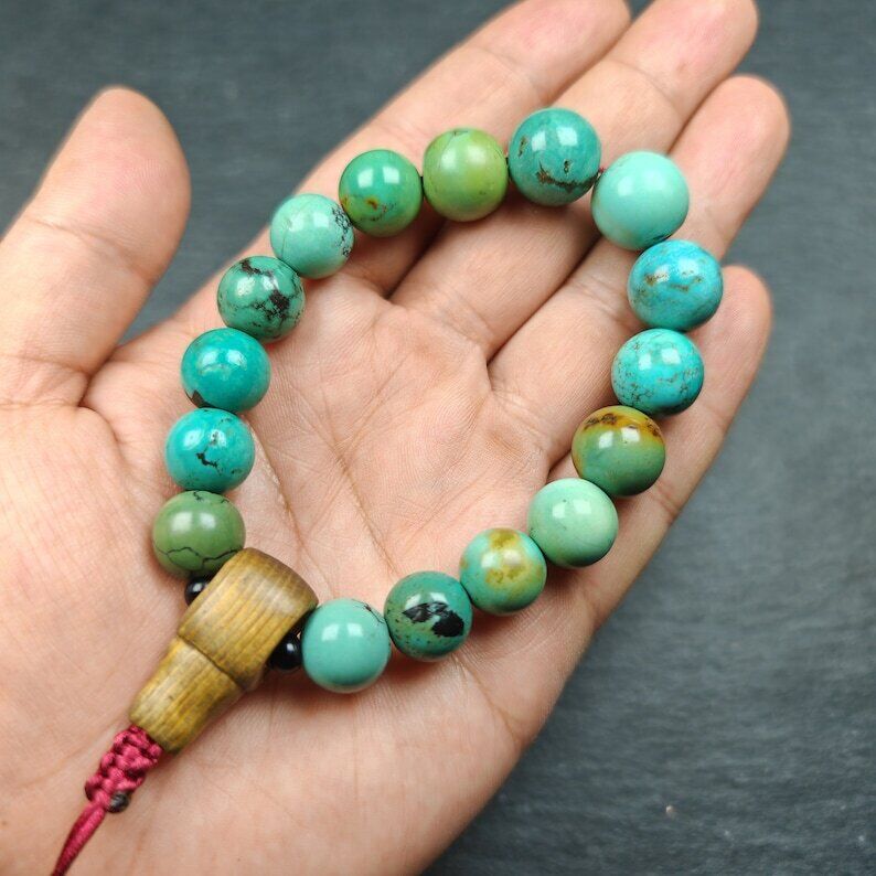 Old Tibetan Turquoise Bracelet Wrist Mala,12.6mm Beads, 3.2" Diameter,42 Gram