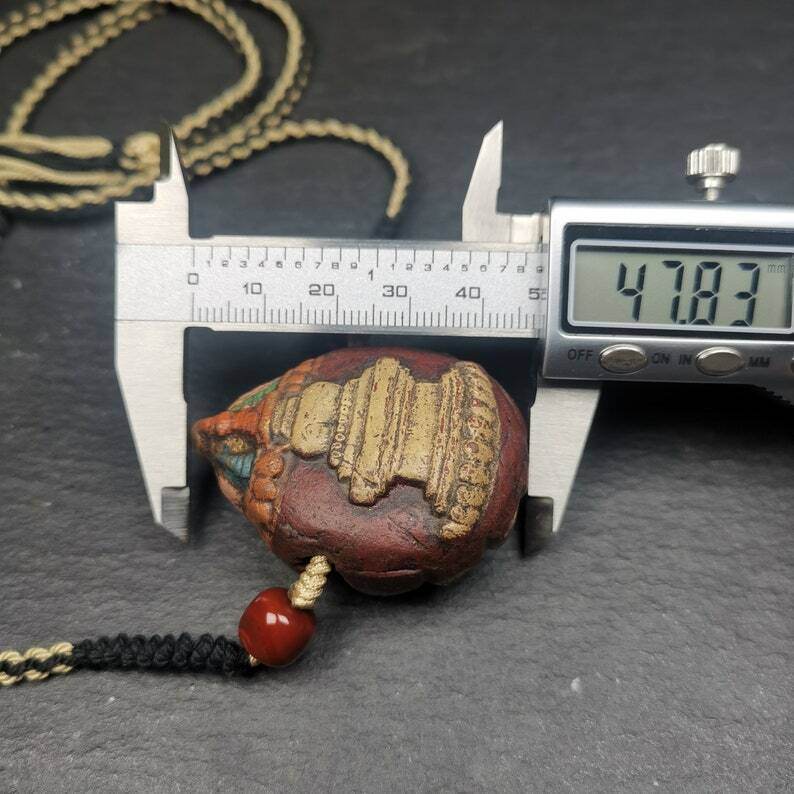 Stupa Tsa Tsa Amulet, Scorpion Guru of Padmasambhava, Scorpion Terma Pendant - Tibetan Buddhist amulet, size reference