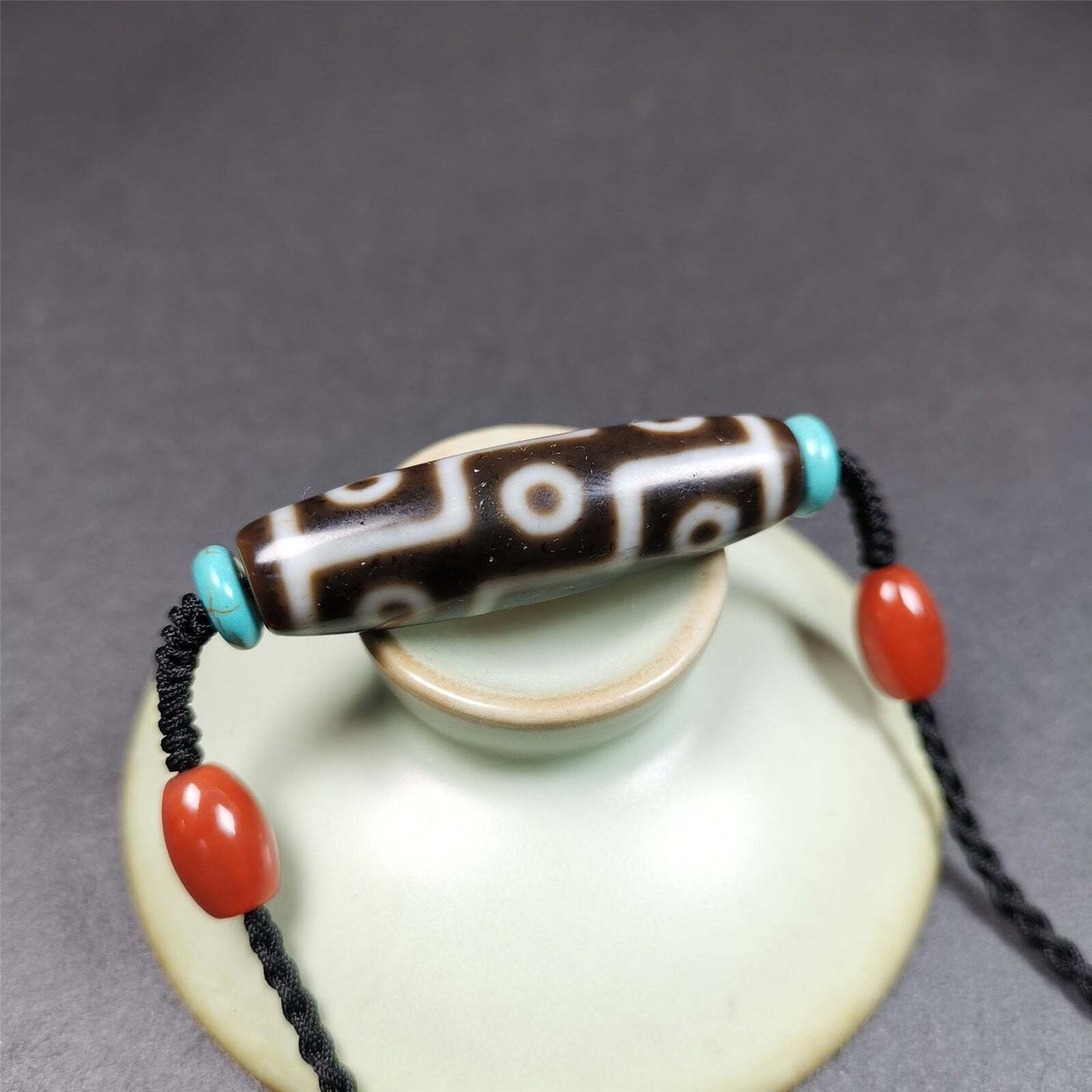 9 Eyed Dzi Bead Necklace, 1.7" x 0.47", 30 Years Old Gandhanra-ART