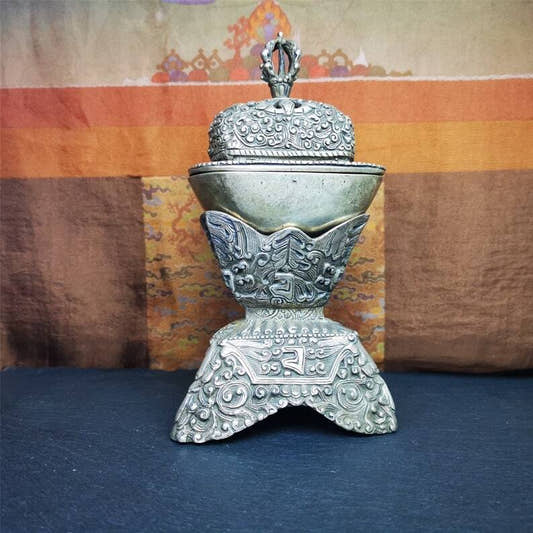 Buddhist Offering Bowl,Kapala Skull Cup Set,Ritual Implement,7" Height - Tibetan Buddhist art, front view