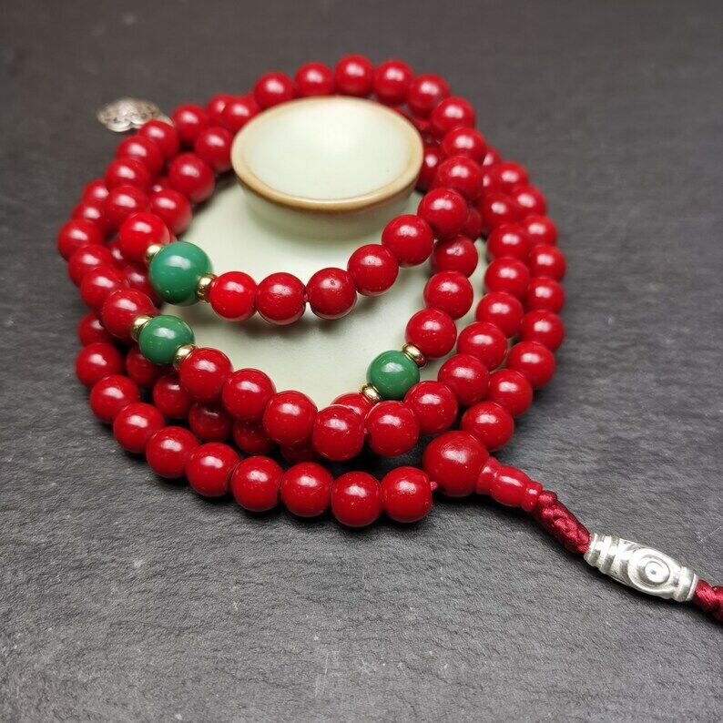 Old Tibeatan Red Glass Mala,8mm Prayer Beads with Turquoise Bead Silver Dzi Bead Gandhanra-ART