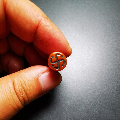 Gandhanra Tibetan Yak Bone Carved Seal Amulet, Swastika Pattern Stamp Pendant