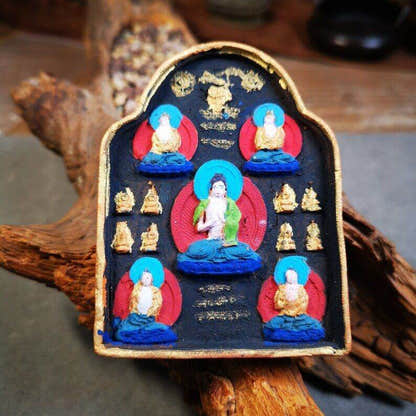 Gandhanra Painted Tibetan Tsa Tsa Mold Statue,Five Dhyani Buddhas - Tibetan Buddhist statue, front view