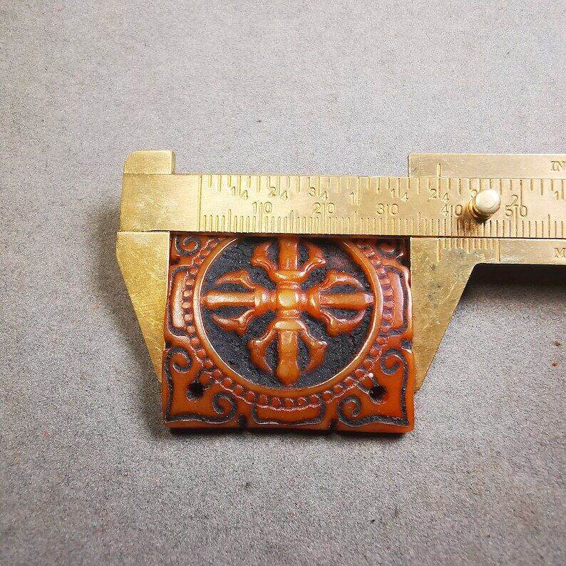 Yak Bone Carved Cross Vajra Amulet Badge, Tibetan Buddhist Pendant - Tibetan Buddhist amulet, size reference