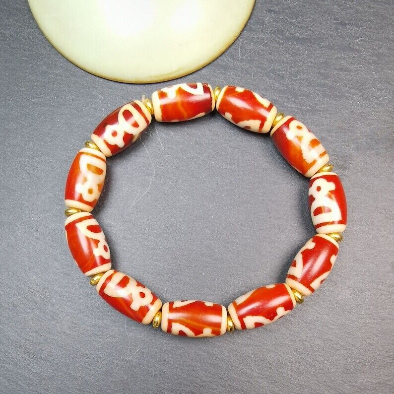 Unique Tibetan Fire Agate Tiger Tooth Dzi Bead Bracelet, 20 × 11mm