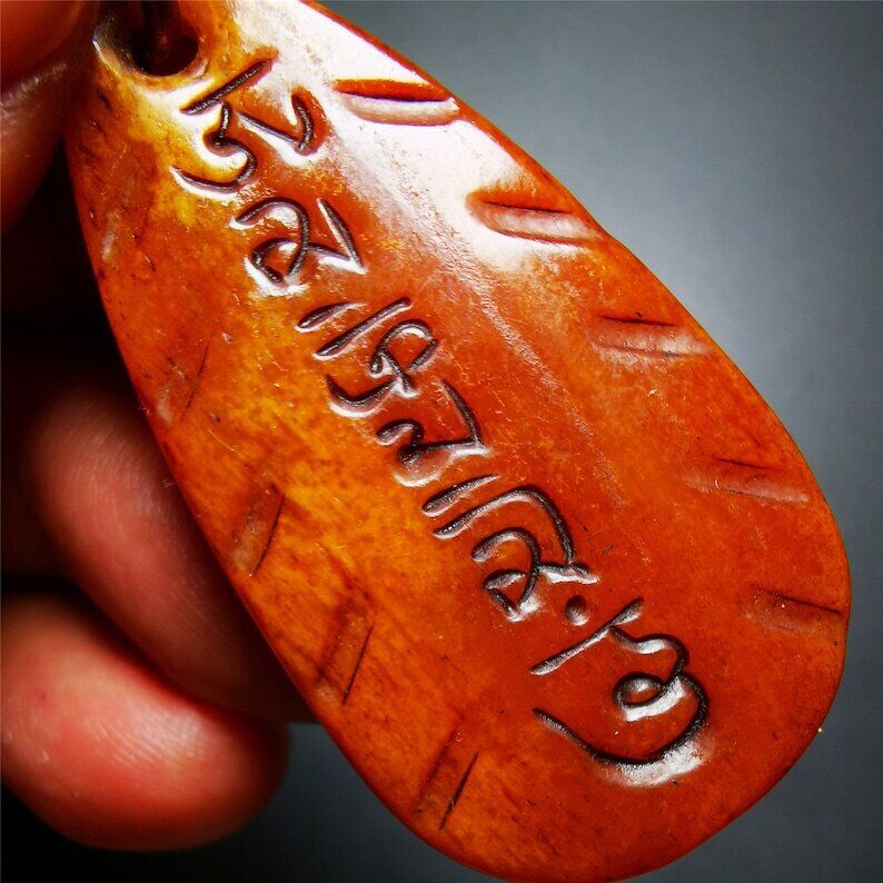 Gandhanra Tibetan Amulet,Yak Bone Carved OM Mani Padme Hum Mantra,Tibetan Letter