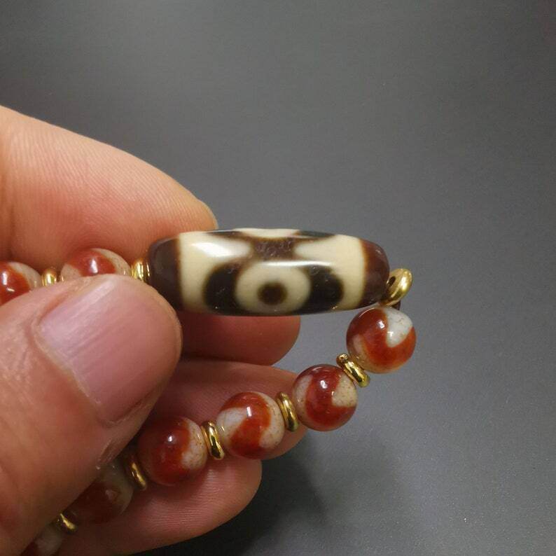 Fire Agate Dzi Bead Bracelet - Tibetan Buddhist mala beads, view 8