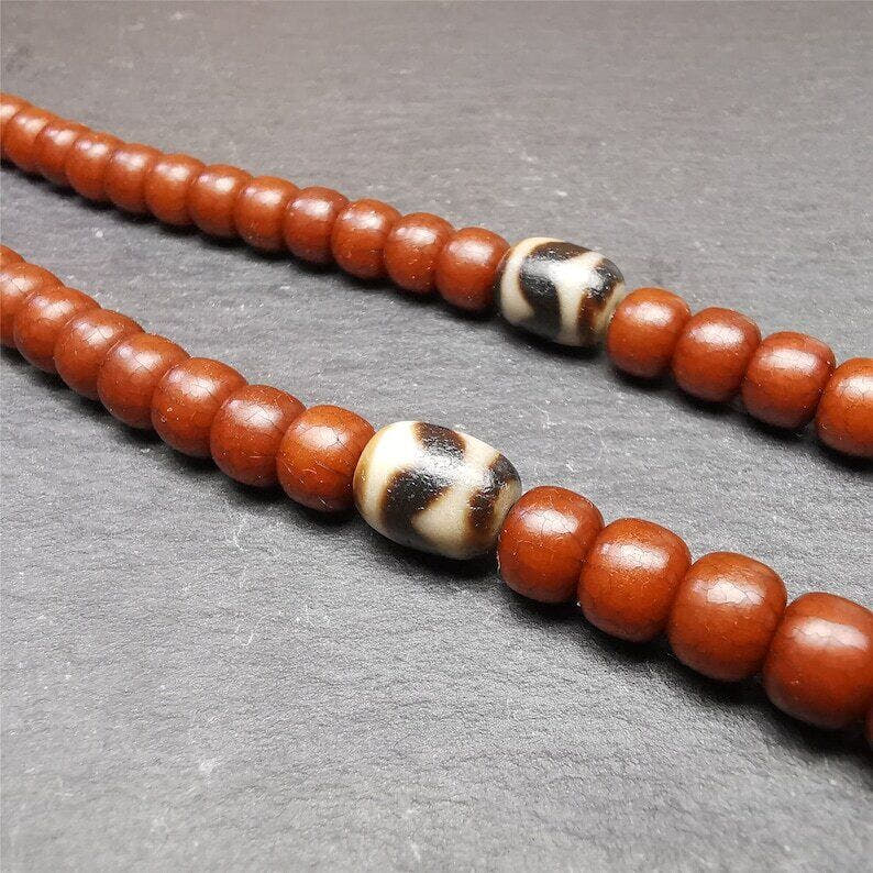 Pair of Tibetan Tiger Tooth Dzi Spacer Marker Beads for Mala,Necklace,0.42" - Tibetan Buddhist mala beads, front view