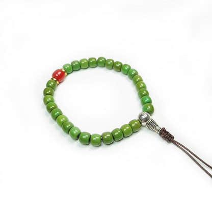 Tibetan Wrist Mala, Turquoise + Agate Beads Bracelet,Wrist Prayer Bead,9" Length - Tibetan Buddhist mala beads, close-up detail