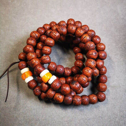 Old 108 Bodhi Beads Mala,13mm Prayer Beads for Meditation - Tibetan Buddhist mala beads, close-up detail
