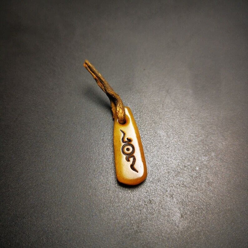 Yak Bone Carved Amulet Pendant 1.06" - Tibetan Buddhist amulet, close-up detail