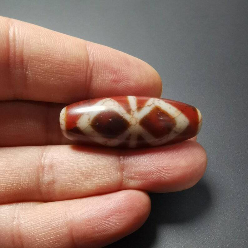 Gandhanra Ancient Tibetan Fire Agate vajra Dzi Bead,1.58" * 0.55",Zee Bead