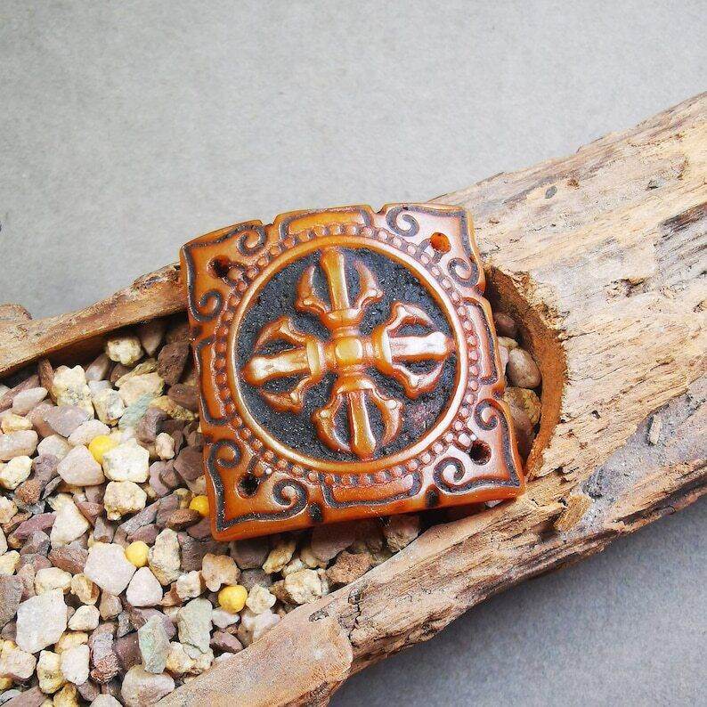 Yak Bone Carved Cross Vajra Amulet Badge, Tibetan Buddhist Pendant - Tibetan Buddhist amulet, front view