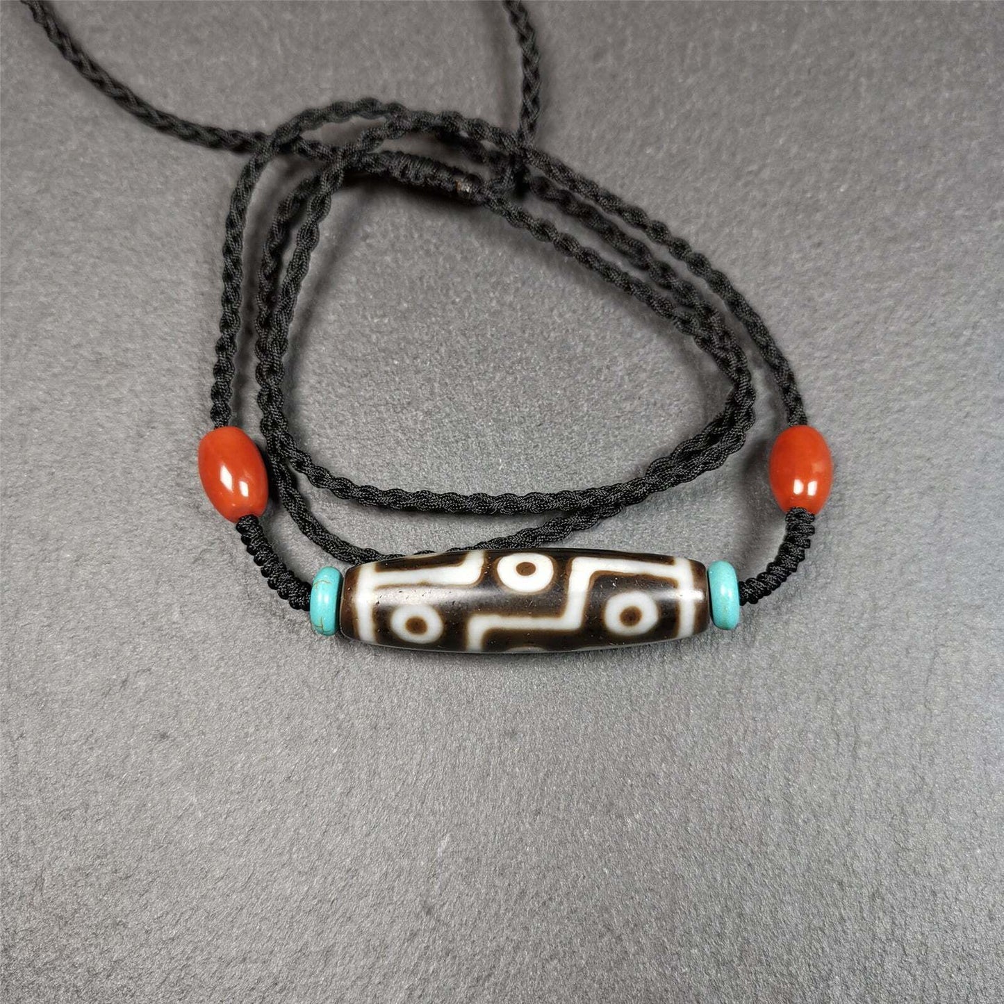 9 Eyed Dzi Bead Necklace, 1.7" x 0.47", 30 Years Old Gandhanra-ART