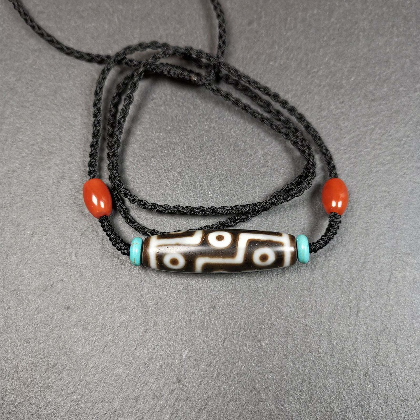 9 Eyed Dzi Bead Necklace, 1.7" x 0.47", 30 Years Old Gandhanra-ART