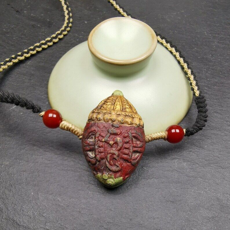 Tibetan Stupa Tsa Tsa Amulet, Double-sided Vajra and Bodhi Leaf Shape Pendant