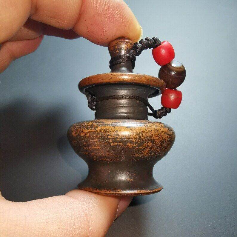Tibetan Mini Copper Jar with Lid - Tibetan Buddhist art, size reference