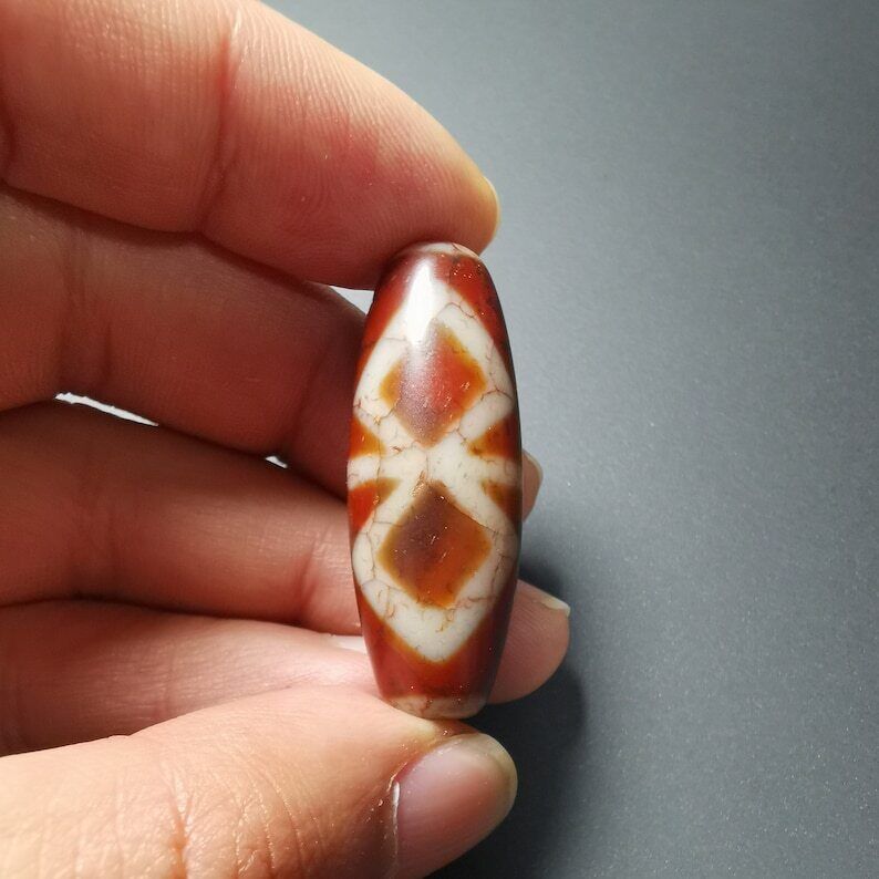 Gandhanra Ancient Tibetan Fire Agate vajra Dzi Bead,1.58" * 0.55",Zee Bead
