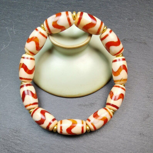 Unique Tibetan Fire Agate Tiger Tooth Dzi Bead Bracelet, 20 × 11mm Dzi Bead