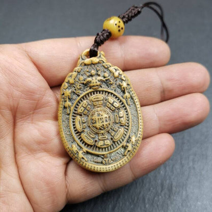 Buddhist Calendar Amulet,Yak Bone Carved Melong Mirror,SIPAHO(srid pa ho) Badge