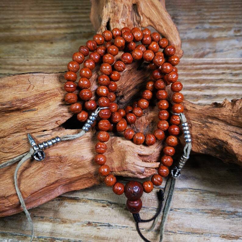 Old 108 Bodhi Beads Mala + Silver Bead Counters,8mm Prayer Beads for Meditation