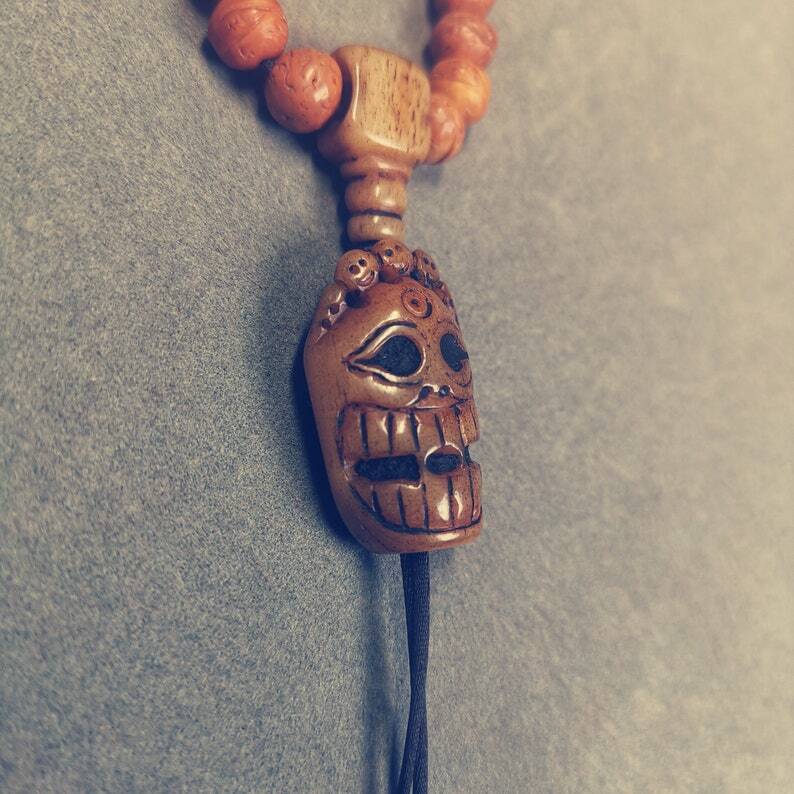 Yak Bone Carved Mahakala Amulet for Mala,Necklace Pendant,1.18" - Tibetan Buddhist mala beads, detailed view