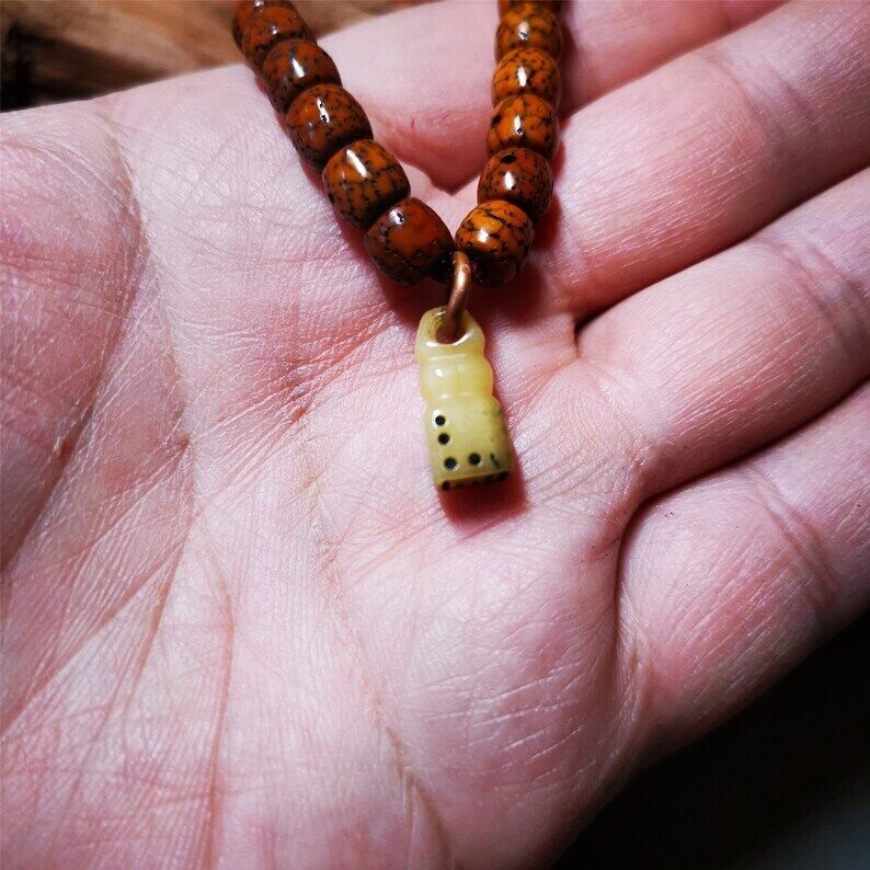 Yak Bone Carved Mantra Dot Stamp Prayer Bead Pendant,Mala Counter Clip Amulet