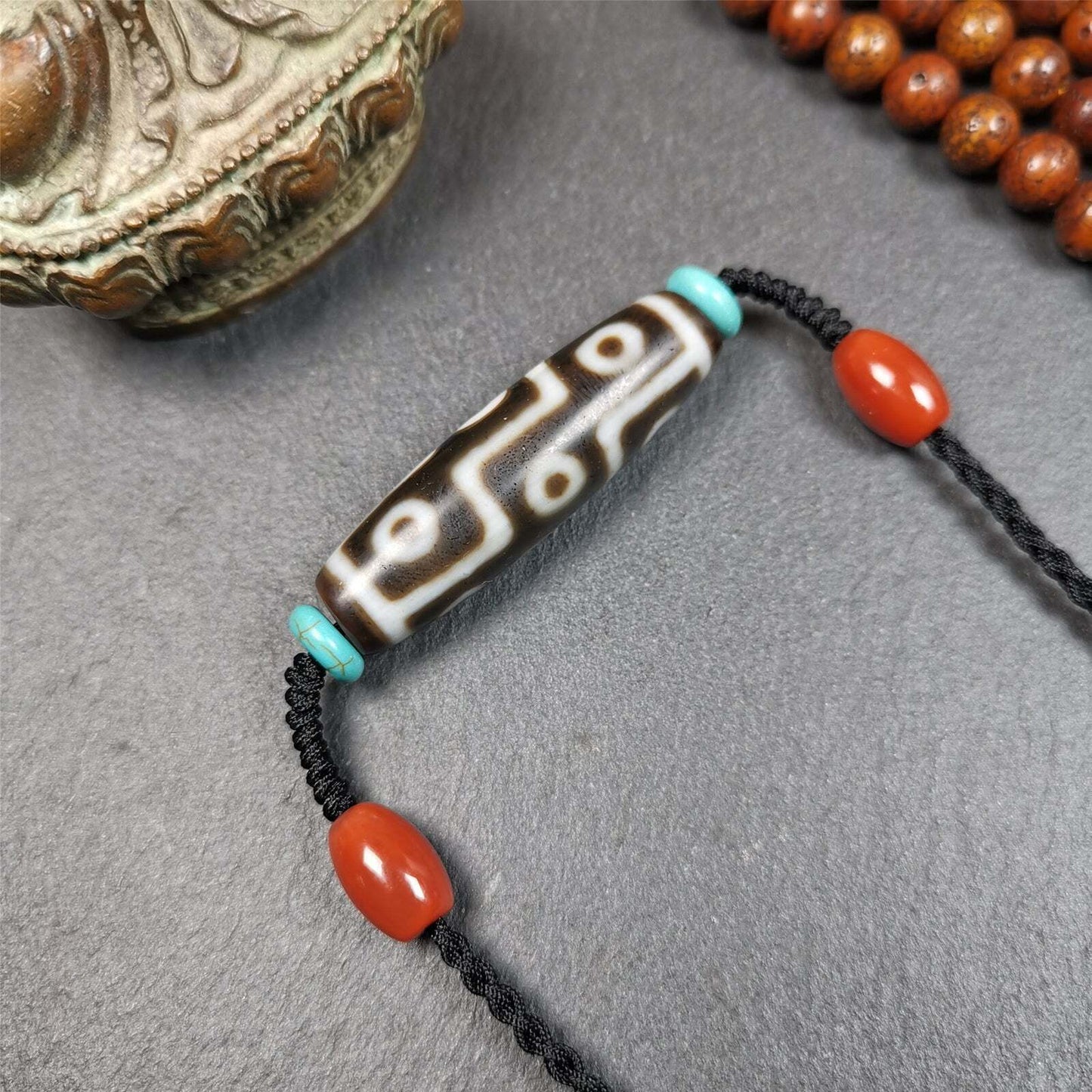 9 Eyed Dzi Bead Necklace, 1.7" x 0.47", 30 Years Old Gandhanra-ART