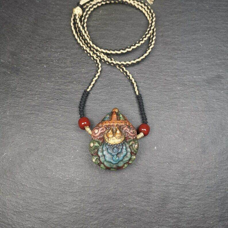 Stupa Tsa Tsa Amulet, Scorpion Guru of Padmasambhava, Scorpion Terma Pendant - Tibetan Buddhist amulet, detailed view