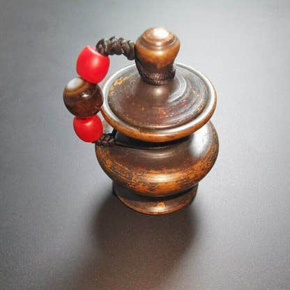 Tibetan Mini Copper Jar with Lid - Tibetan Buddhist art, close-up detail