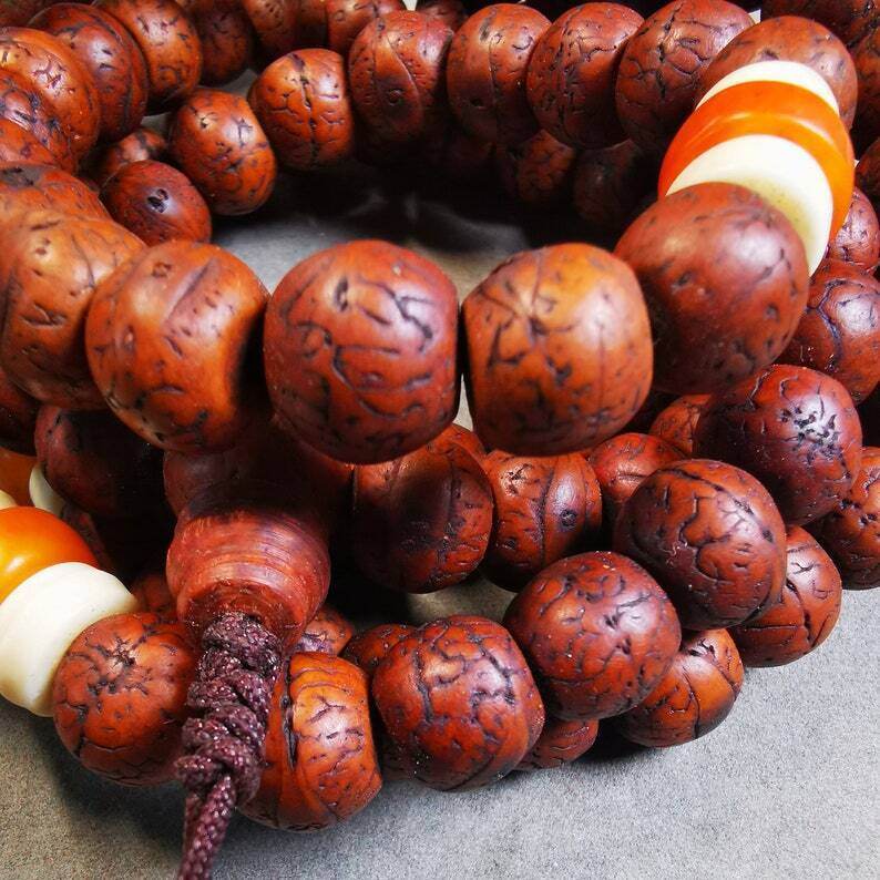 Old 108 Bodhi Beads Mala,13mm Prayer Beads for Meditation - Tibetan Buddhist mala beads, detailed view