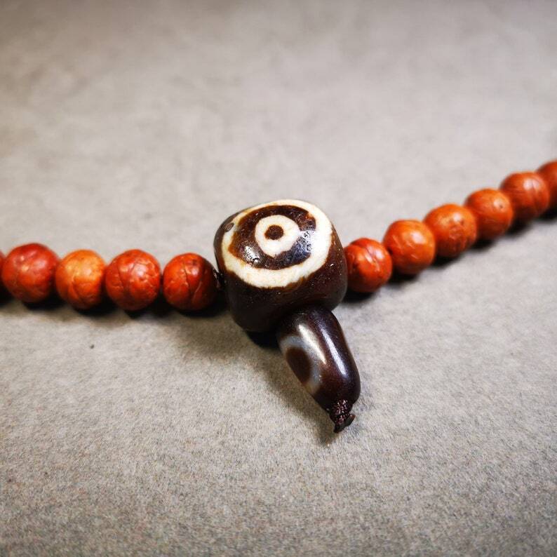 Old 2 Eyed Dzi Guru Bead,T-drilled 3-Hole Mala Bead, Prayer Bead,Connector Bead