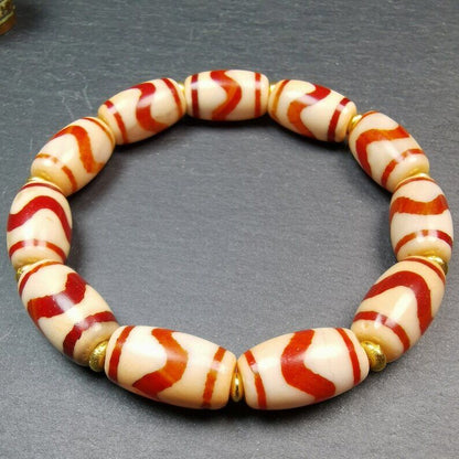 Unique Tibetan Fire Agate Tiger Tooth Dzi Bead Bracelet, 20 × 11mm Dzi Bead