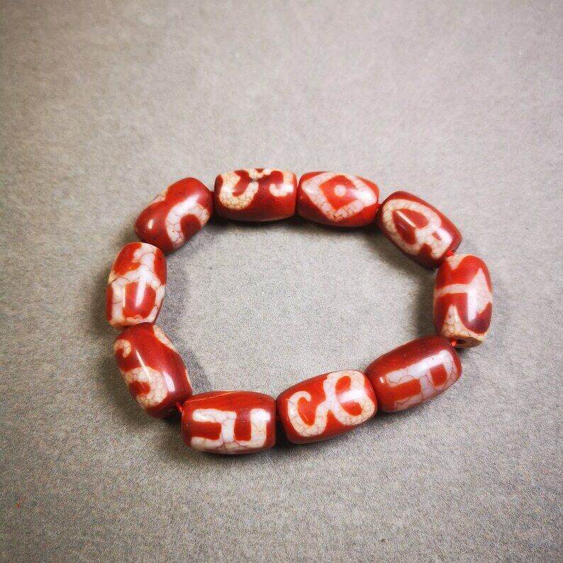 Fire Agate Dzi Bead Bracelet - Tibetan Buddhist mala beads, view 4