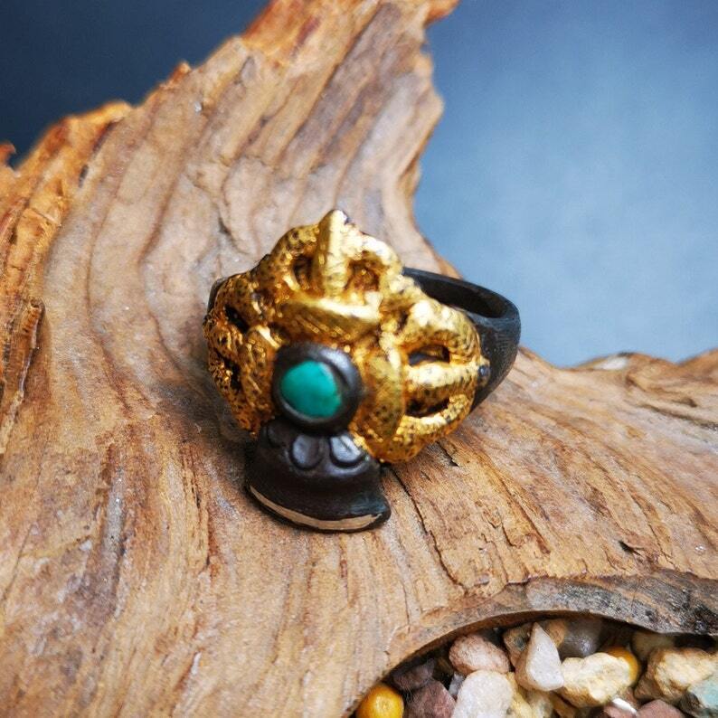 Gandhanra Tibetan Buddhist Vajra Bell Ring,Made of Pure Gold Filled and Silver Filled