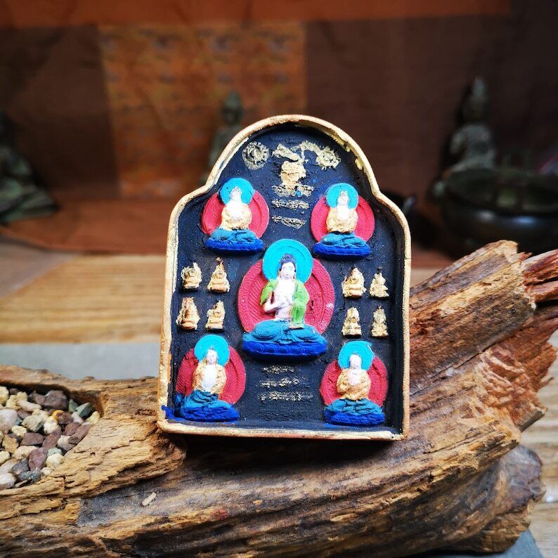 Gandhanra Painted Tibetan Tsa Tsa Mold Statue,Five Dhyani Buddhas