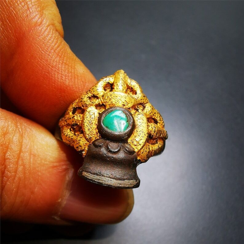 Gandhanra Tibetan Buddhist Vajra Bell Ring,Made of Pure Gold Filled and Silver Filled