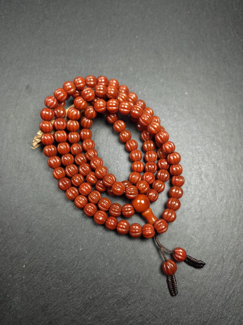 10mm Pure Agate Pumpkin Necklace Mala: 108 Prayer Beads Tibetan Rosary - 50cm stretched