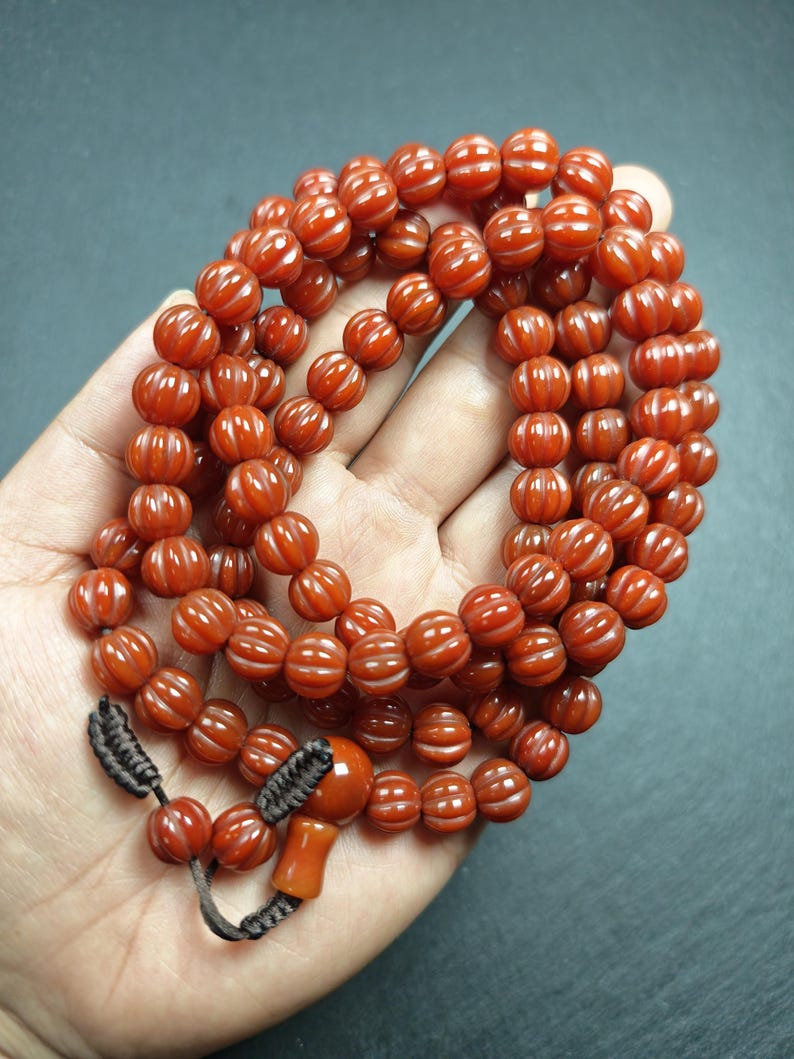 10mm Pure Agate Pumpkin Necklace Mala: 108 Prayer Beads Tibetan Rosary - 50cm stretched
