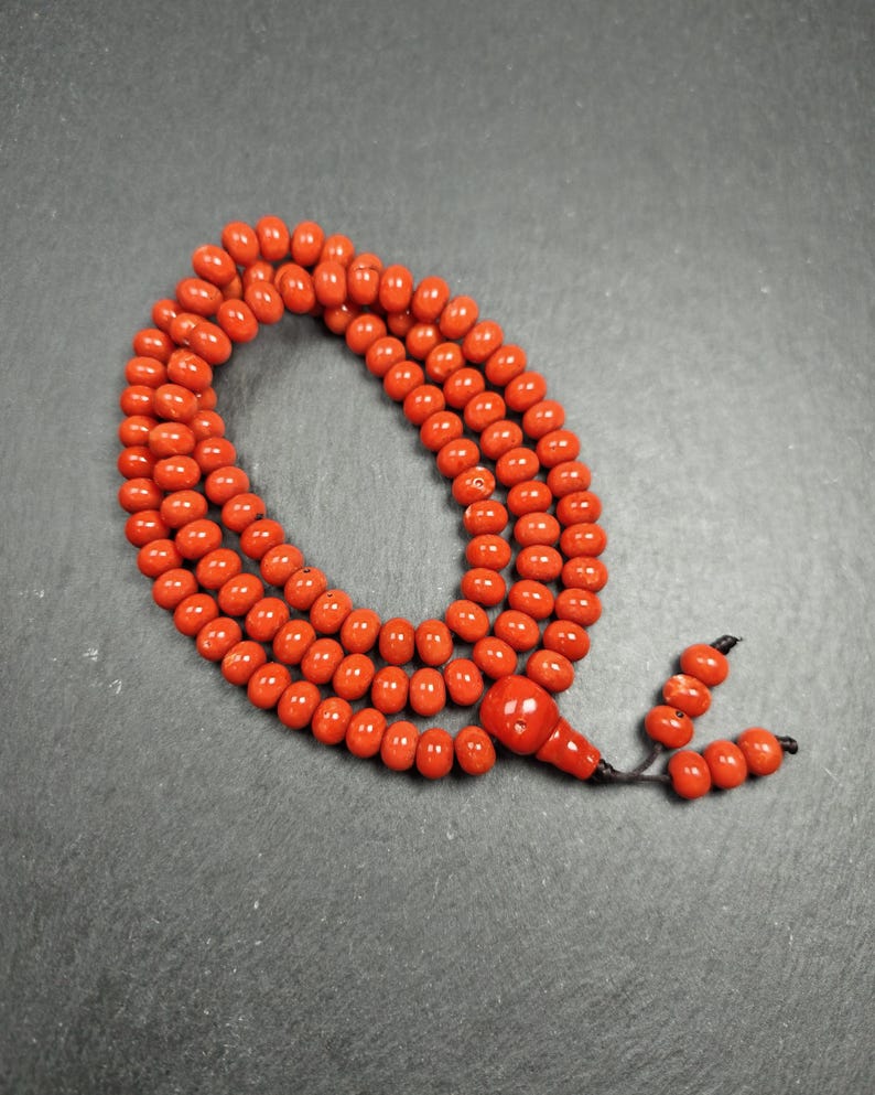 10mm Red Bamboo Coral Necklace Mala: 108 Prayer Beads Tibetan Rosary - 42cm stretched