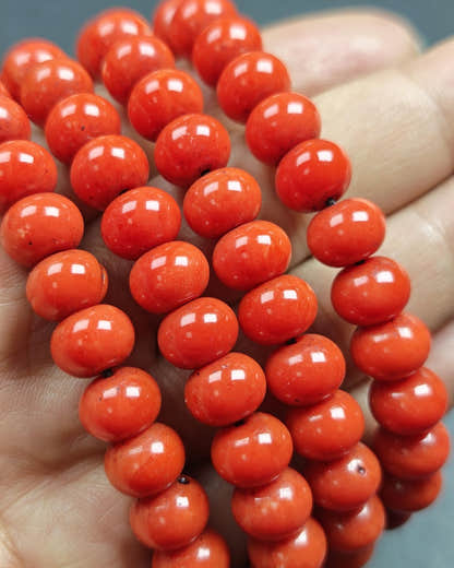 10mm Red Bamboo Coral Necklace Mala - Tibetan Buddhist mala beads, detailed view