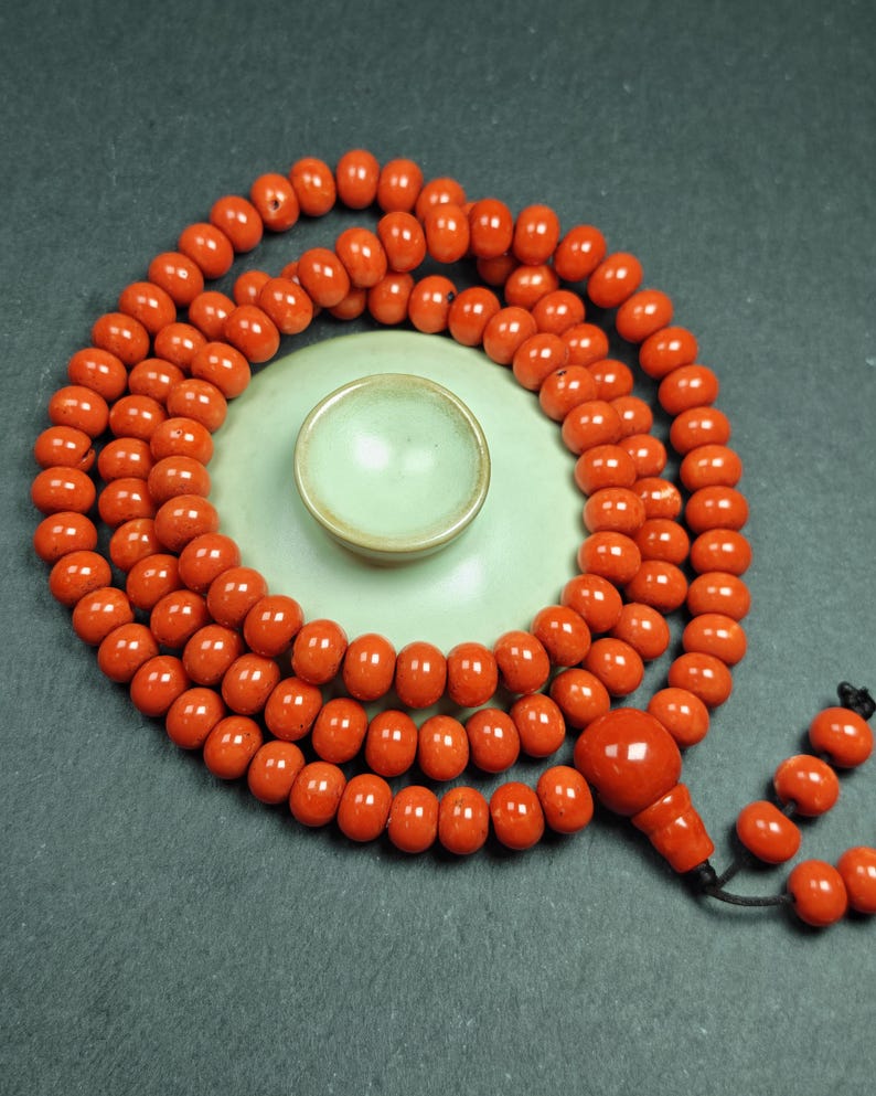 10mm Red Bamboo Coral Necklace Mala: 108 Prayer Beads Tibetan Rosary - 42cm stretched