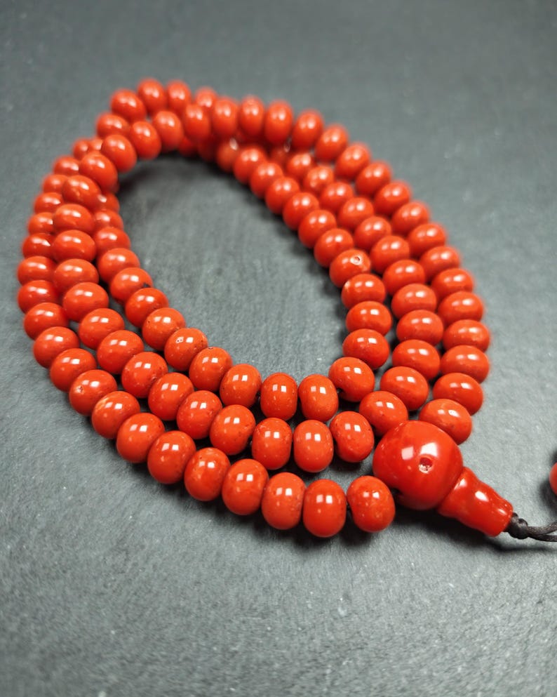 10mm Red Bamboo Coral Necklace Mala: 108 Prayer Beads Tibetan Rosary - 42cm stretched