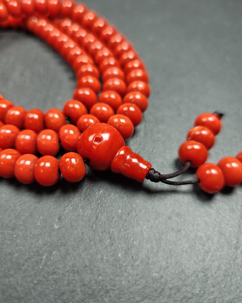 10mm Red Bamboo Coral Necklace Mala: 108 Prayer Beads Tibetan Rosary - 42cm stretched