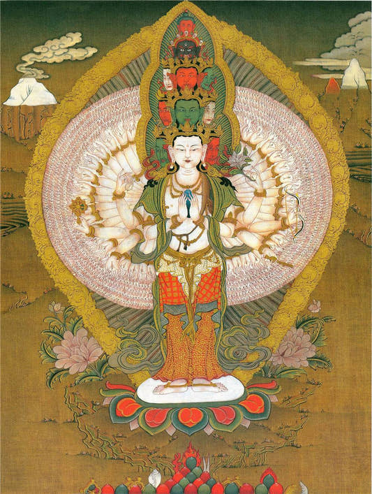 The Thousand-hand Avalokiteshvara - Tibetan thangka painting, front view