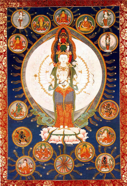 The Thousand-hand Avalokiteshvara - Tibetan thangka painting, front view