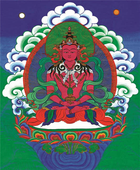 Amitayus - the Buddha of Longevity - Tibetan thangka painting, front view